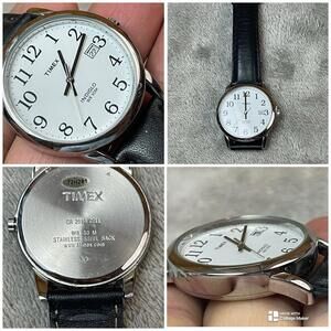 Timex Indiglo Watch Men Easy Reader Silver Tone Leather Band ( Needs Battery )
